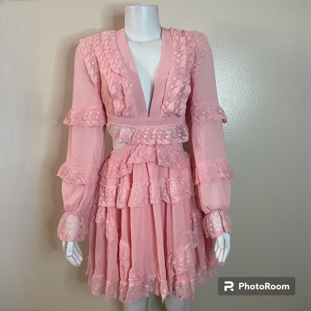 Pink V-neckline lace ruffle crisscross back cutout long sleeve mini dress